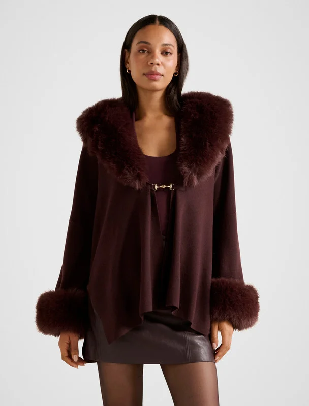 forever new  ALIA Faux Fur Trim Knit Cape for Women | Best Price UAE